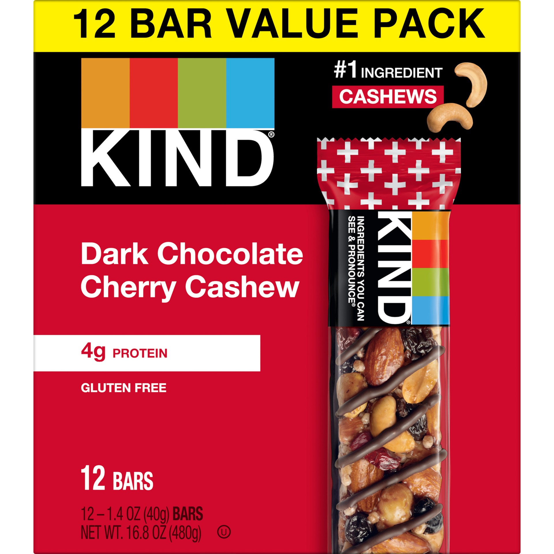 slide 1 of 9, KIND Gluten Free Ready to Eat Dark Chocolate Cherry Cashew Snack, Value Pack, 1.4 oz, 12 Count Box, 16.8 oz