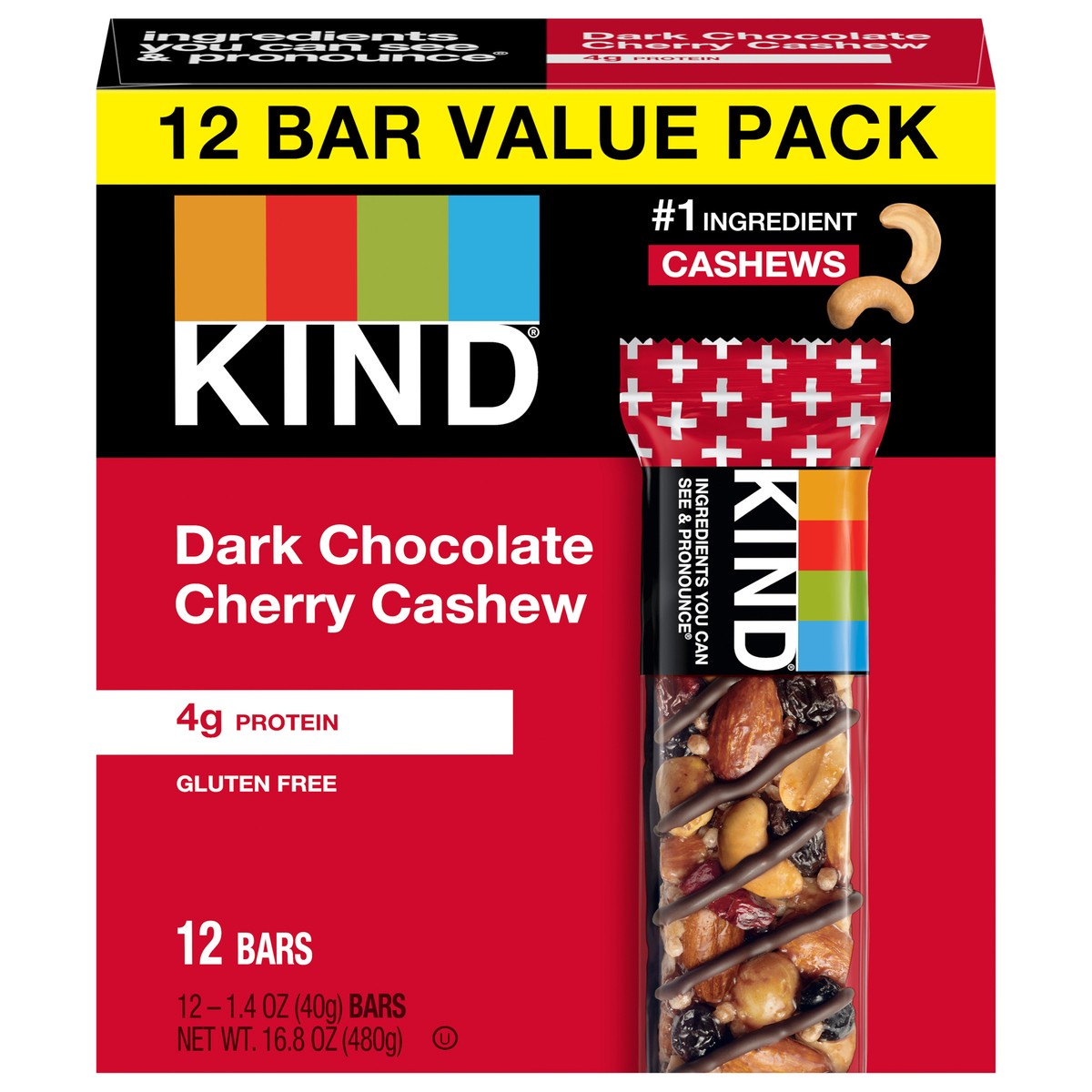 slide 1 of 9, KIND Healthy Snack Bar Value Pack, Dark Chocolate Cherry Cashew, 4g Protein, Gluten Free Bars, 1.4 OZ, (12 Ct), 12 ct