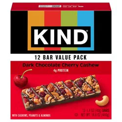 KIND Healthy Snack Bar Value Pack, Dark Chocolate Cherry Cashew, 4g Protein, Gluten Free Bars, 1.4 OZ, (12 Ct)