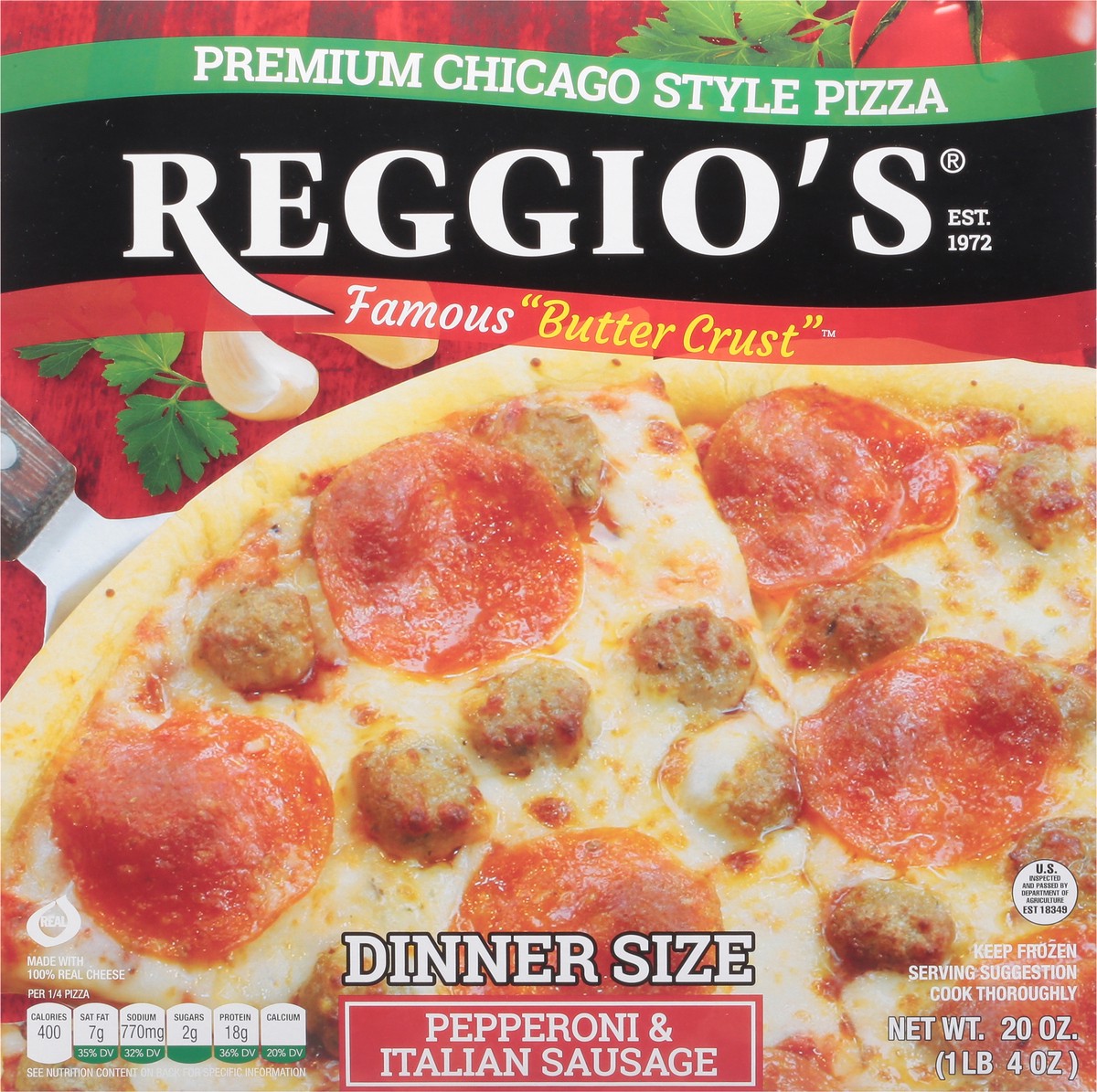 slide 11 of 14, Reggio's Butter Crust Pepperoni & Italian Sausage Pizza Dinner Size 20 oz, 20 oz