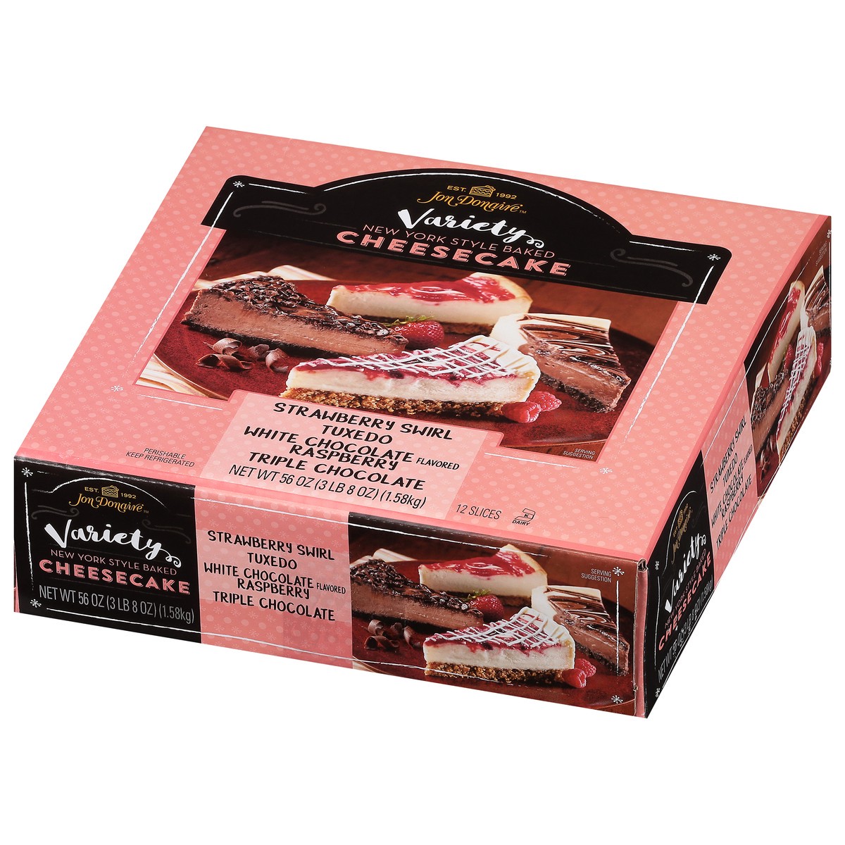 slide 5 of 12, Jon Donaire Strawberry Swirl Tuxedo/White Chocolate Raspberry/Triple Chocolate Flavored Cheesecake Variety Pack 12 ea, 12 ct