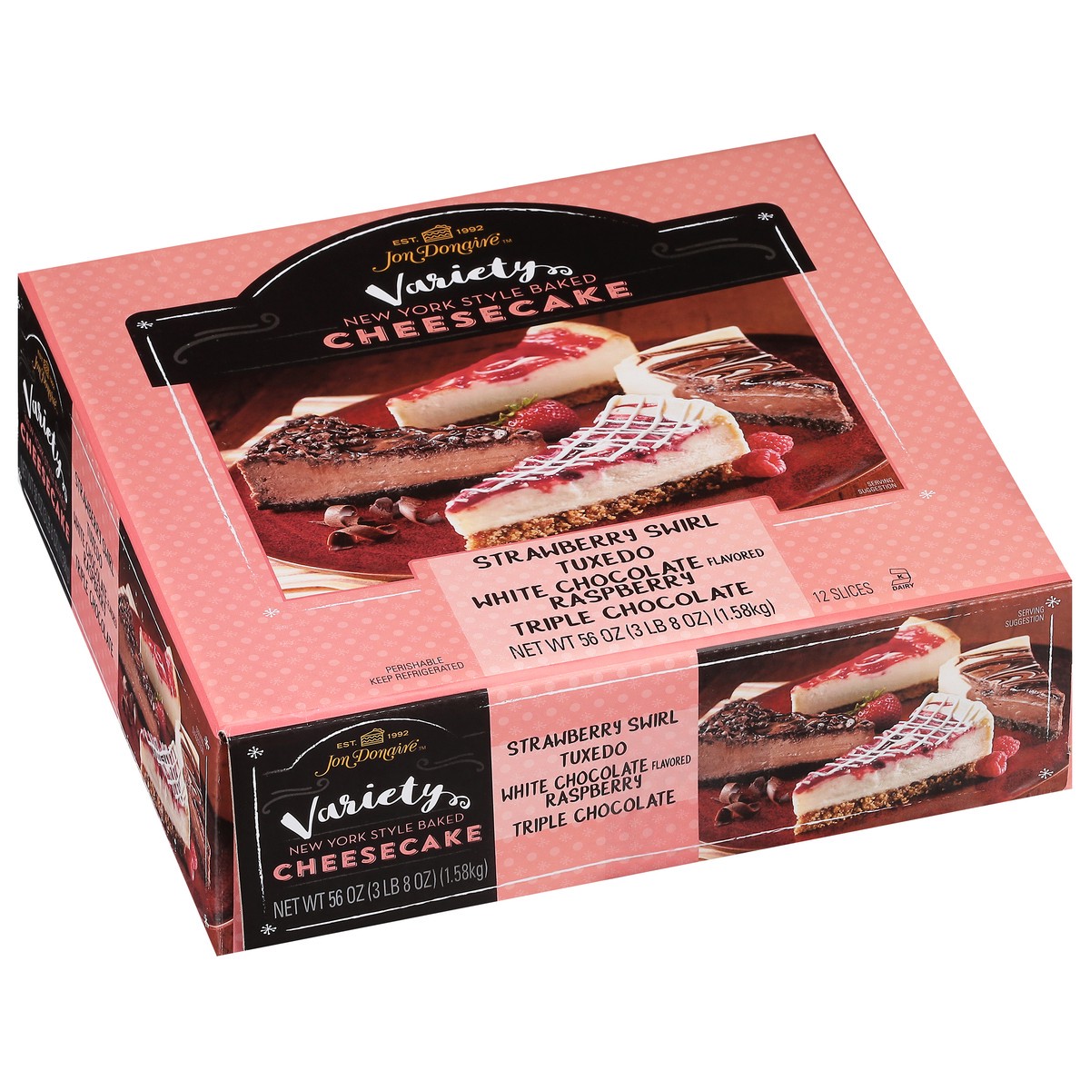 slide 11 of 12, Jon Donaire Strawberry Swirl Tuxedo/White Chocolate Raspberry/Triple Chocolate Flavored Cheesecake Variety Pack 12 ea, 12 ct