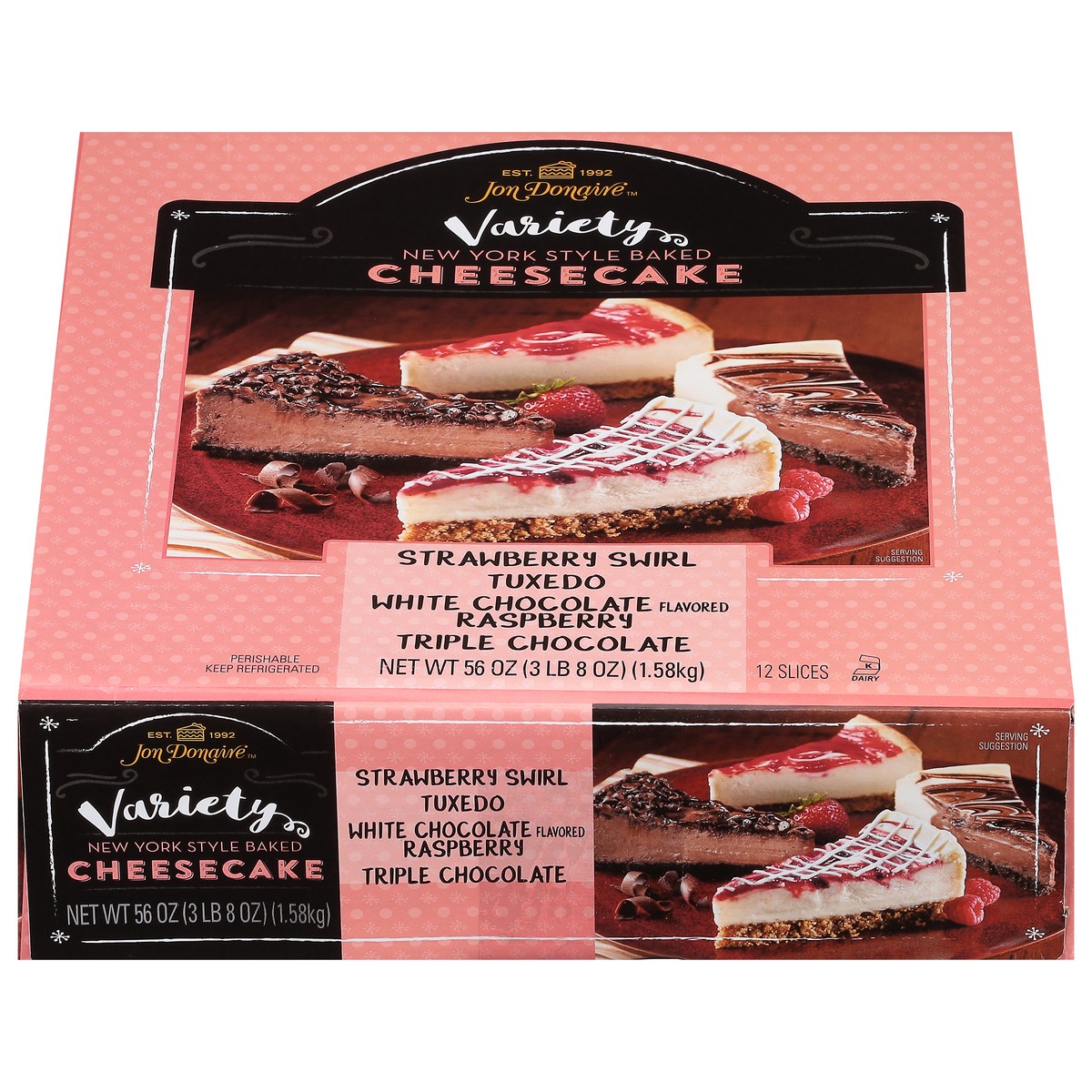 slide 1 of 12, Jon Donaire Strawberry Swirl Tuxedo/White Chocolate Raspberry/Triple Chocolate Flavored Cheesecake Variety Pack 12 ea, 12 ct