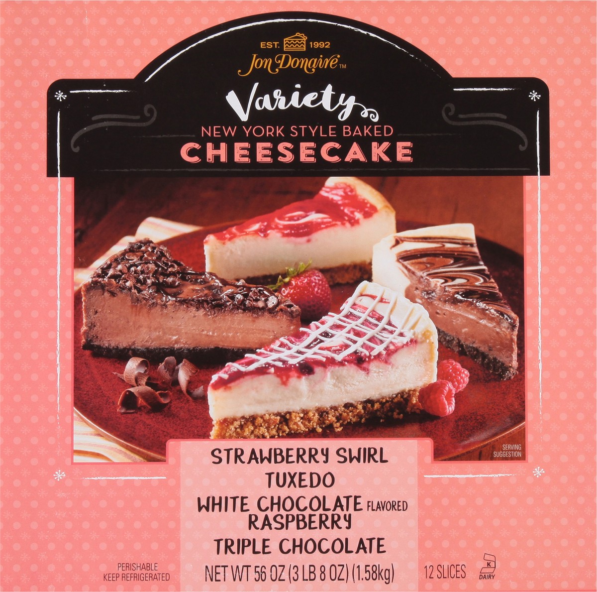 slide 2 of 12, Jon Donaire Strawberry Swirl Tuxedo/White Chocolate Raspberry/Triple Chocolate Flavored Cheesecake Variety Pack 12 ea, 12 ct