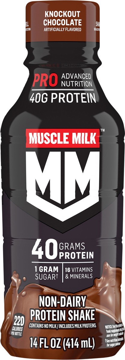 slide 4 of 8, Muscle Milk Protein Shake, Non-Dairy, Knockout Chocolate, 14 fl oz