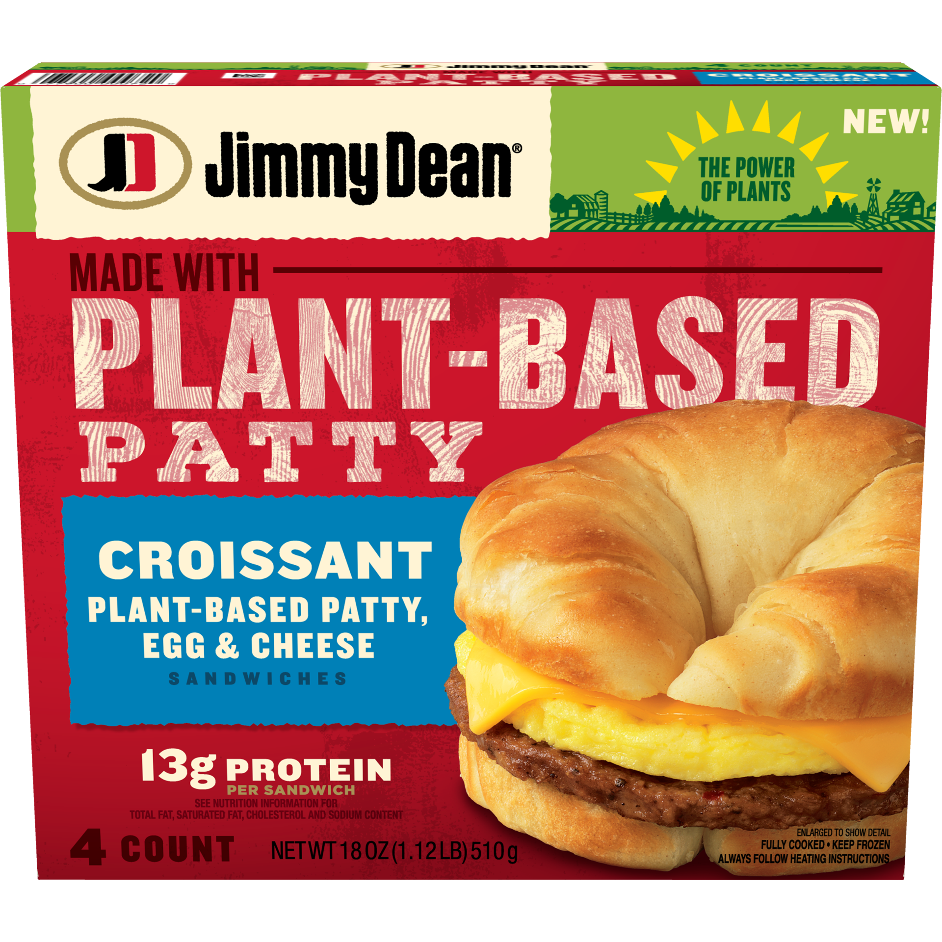 slide 1 of 3, Jimmy Dean Croissant Breakfast Sandwiches with Plant-Based Patty, Egg, and Cheese, Frozen, 4 Count, 510.29 g