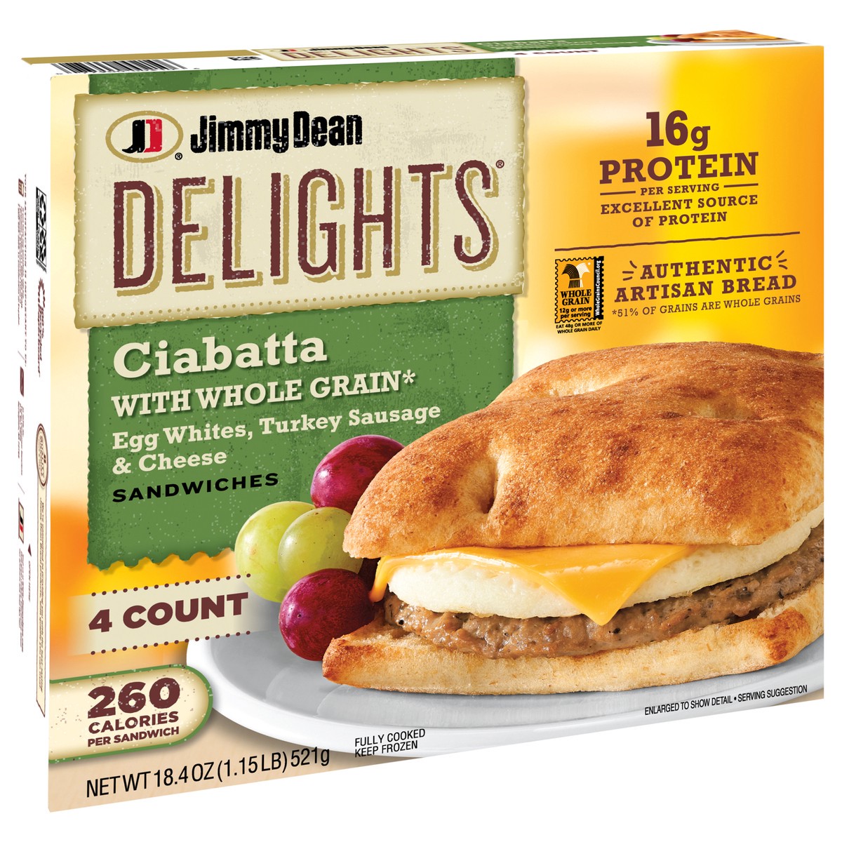 slide 5 of 14, Jimmy Dean Delights Turkey Sausage, Egg White and Cheese Ciabatta Sandwiches, 4 ct Pack, 18.4 oz Box, 4 ct