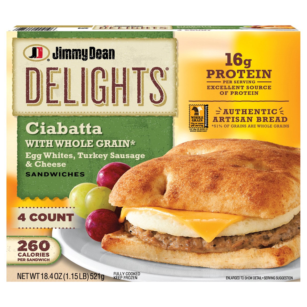 slide 14 of 14, Jimmy Dean Delights Turkey Sausage, Egg White and Cheese Ciabatta Sandwiches, 4 ct Pack, 18.4 oz Box, 4 ct
