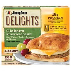 Jimmy Dean Delights Turkey Sausage, Egg White and Cheese Ciabatta Sandwiches, 4 ct Pack, 18.4 oz Box