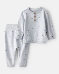 Carter's Baby Boy Dinosaur Print Cotton Long-Sleeve Tee & Pant Set - Blue NB