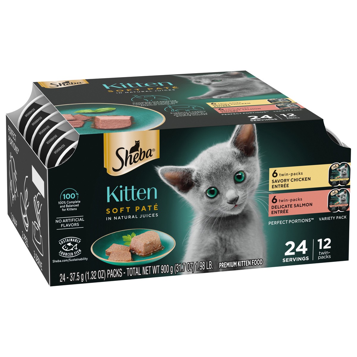 slide 2 of 9, Sheba Perfect Portions Salmon, Chicken and Seafood Flavor Soft Pate Kitten Wet Cat Food - 31.7oz/12ct, 31.7 oz, 12 ct