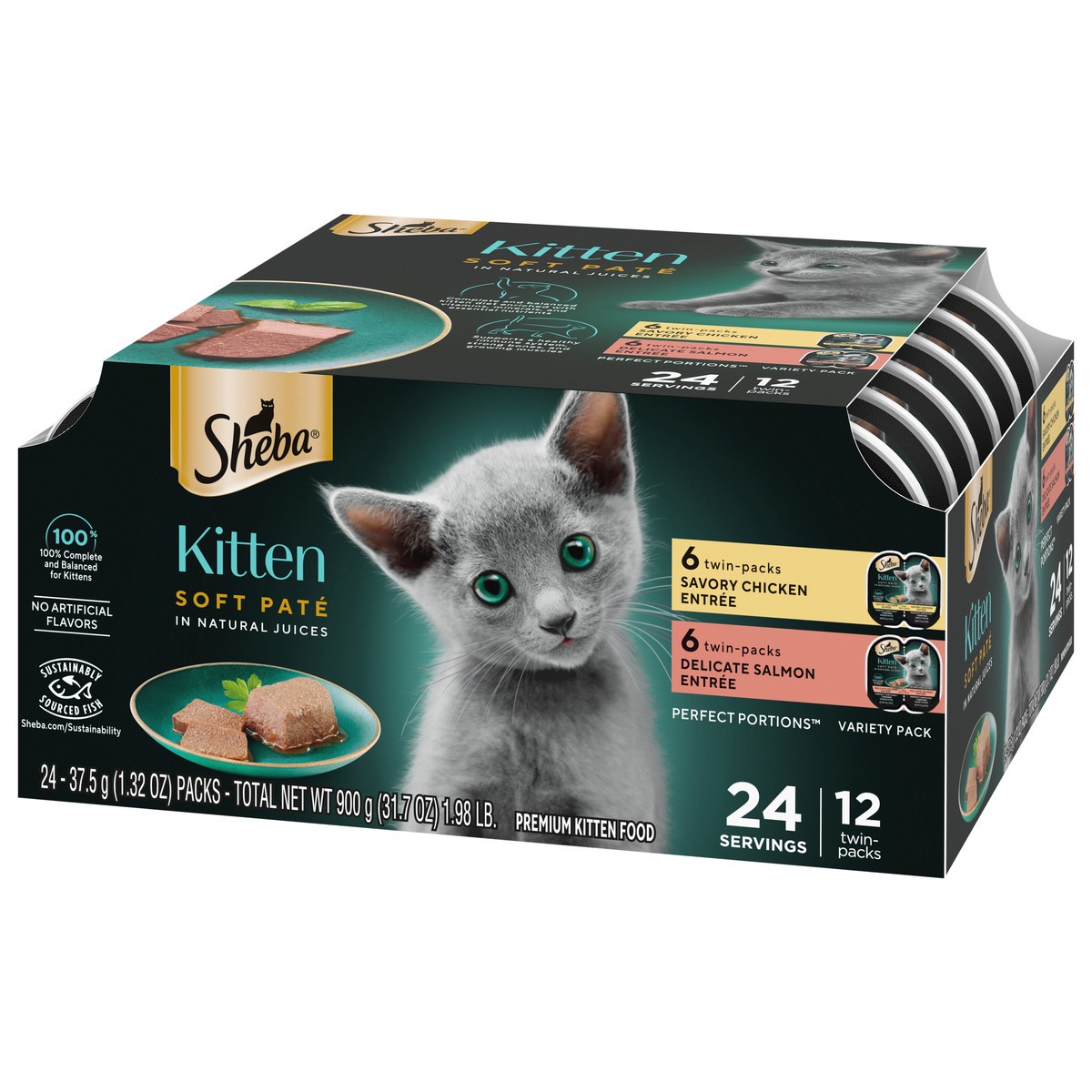 slide 6 of 9, Sheba Perfect Portions Salmon, Chicken and Seafood Flavor Soft Pate Kitten Wet Cat Food - 31.7oz/12ct, 31.7 oz, 12 ct