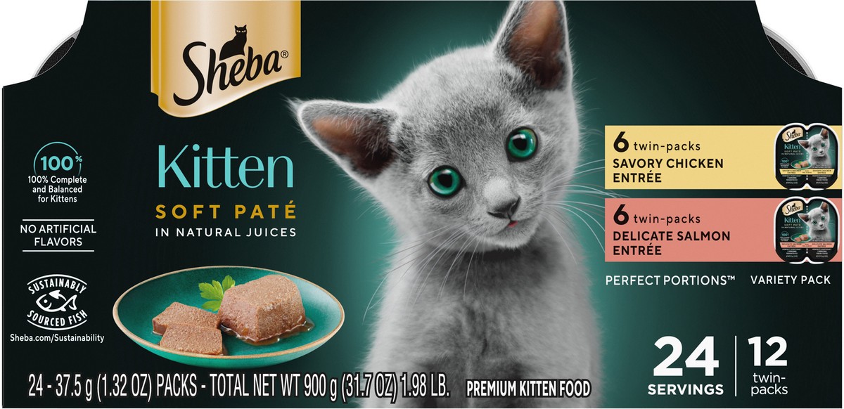 slide 5 of 9, Sheba Perfect Portions Salmon, Chicken and Seafood Flavor Soft Pate Kitten Wet Cat Food - 31.7oz/12ct, 31.7 oz, 12 ct