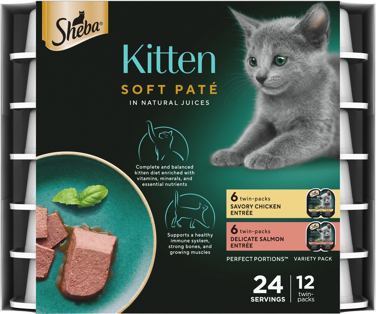 slide 4 of 9, Sheba Perfect Portions Salmon, Chicken and Seafood Flavor Soft Pate Kitten Wet Cat Food - 31.7oz/12ct, 31.7 oz, 12 ct