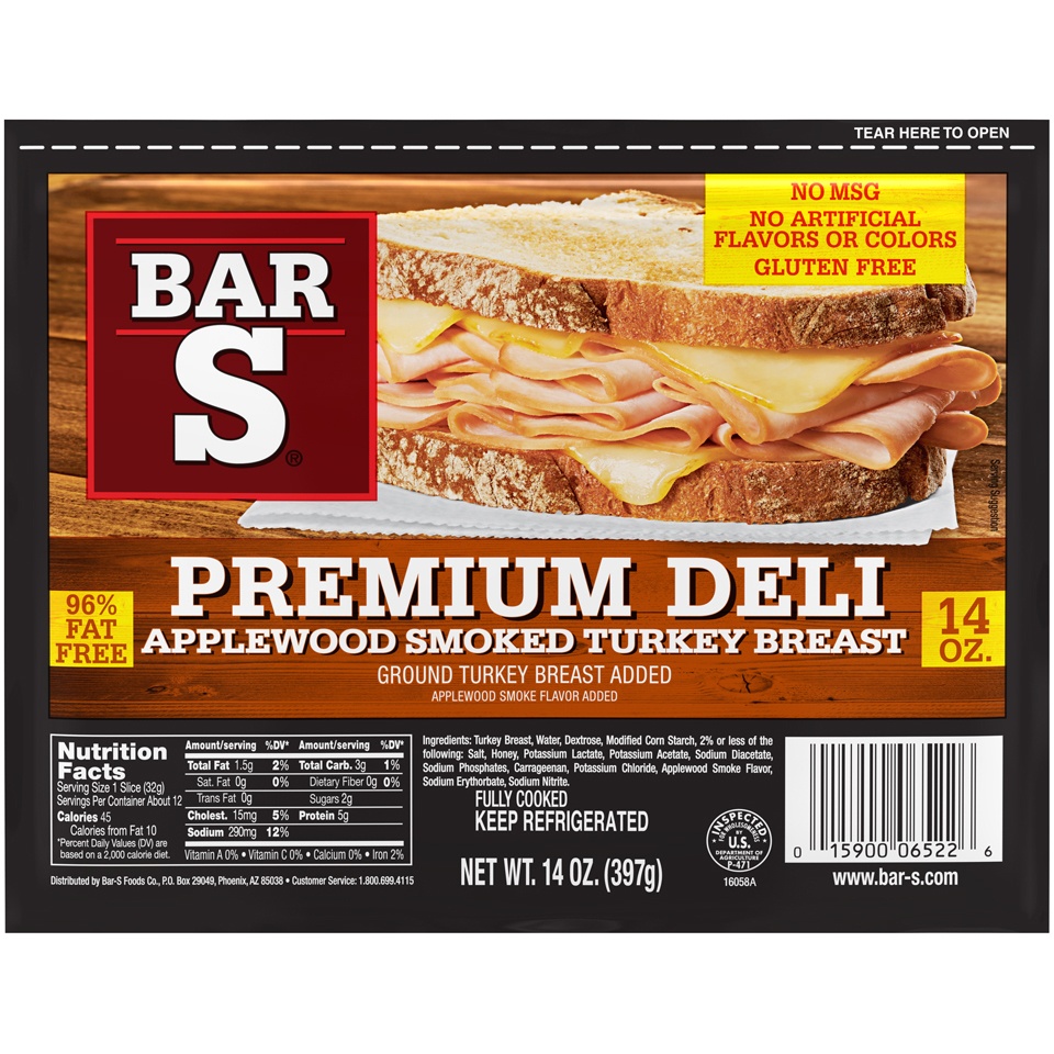 slide 1 of 1, Bar-S Premium Deli Applewood Smoked Turkey Breast, 14 oz