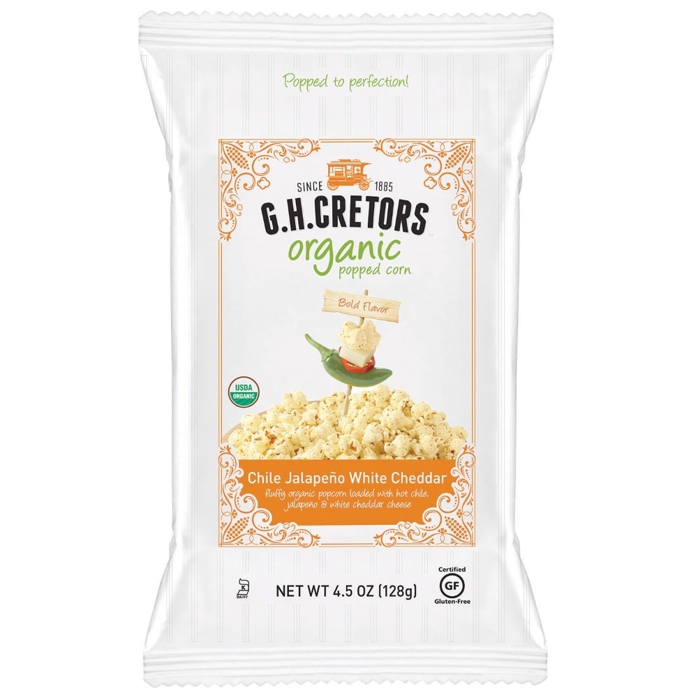 slide 1 of 1, GH Cretors Popped Corn, Organic, Chile Jalapeno White Cheddar, 4.5 oz