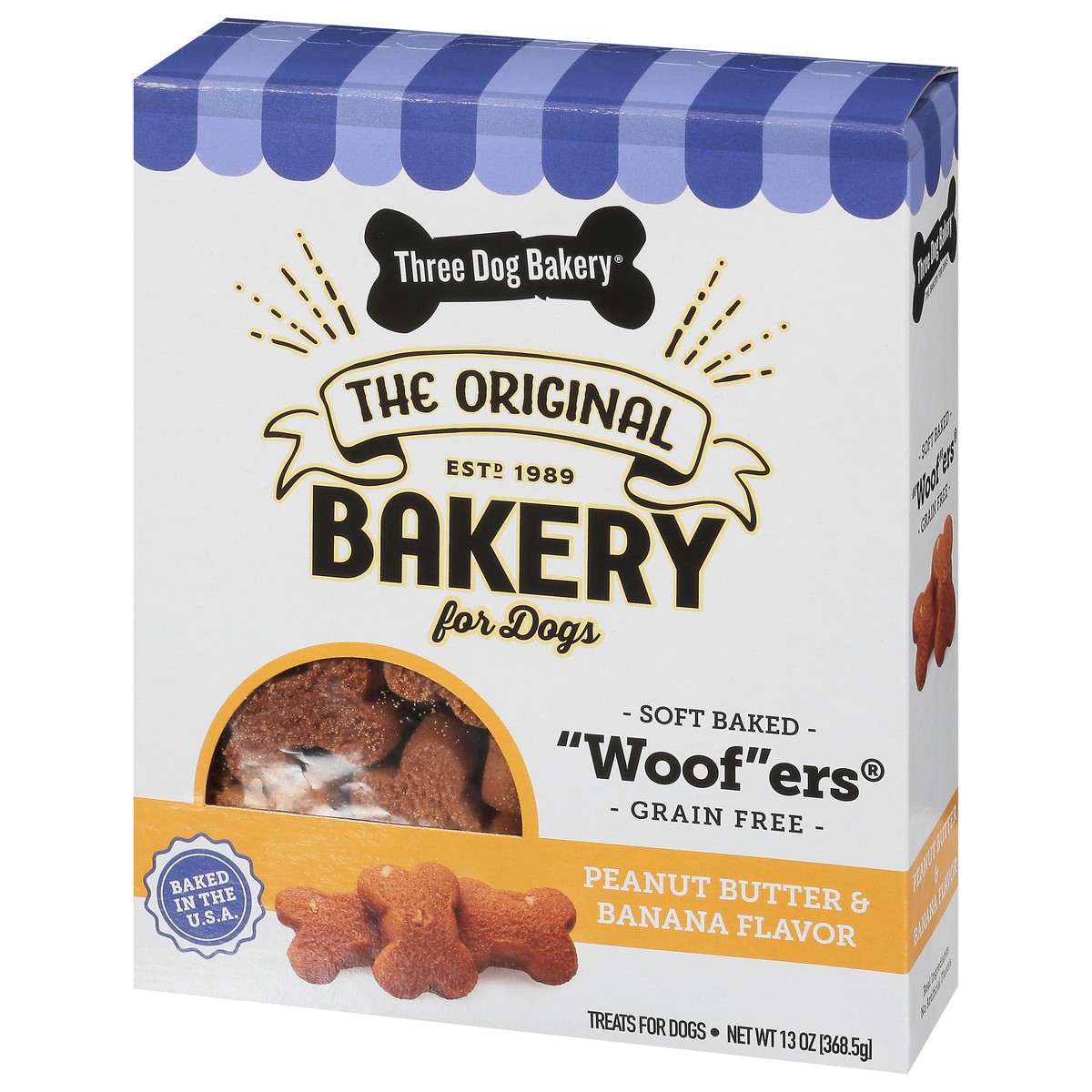 slide 2 of 13, Three Dog Bakery Woofers Peanut Butter & Banana Flavors Treats for Dogs 13 oz, 13 oz