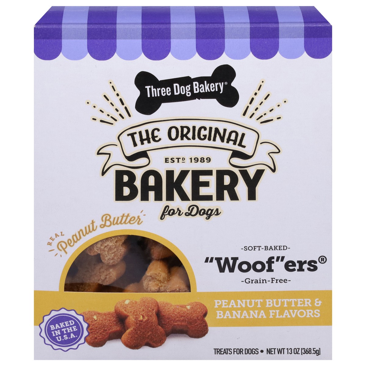 slide 1 of 13, Three Dog Bakery Woofers Peanut Butter & Banana Flavors Treats for Dogs 13 oz, 13 oz