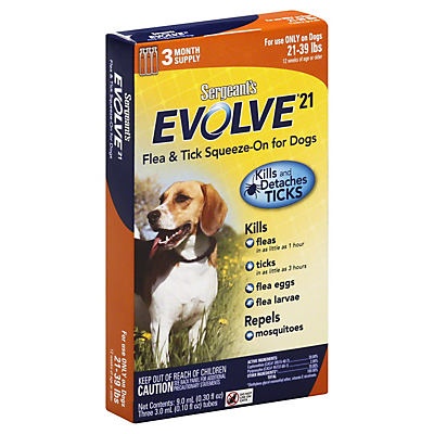 slide 1 of 1, Sergeant's Evolve 21 Flea and Tick Squeeze-On for Dogs 21-39 lbs, 3 ct