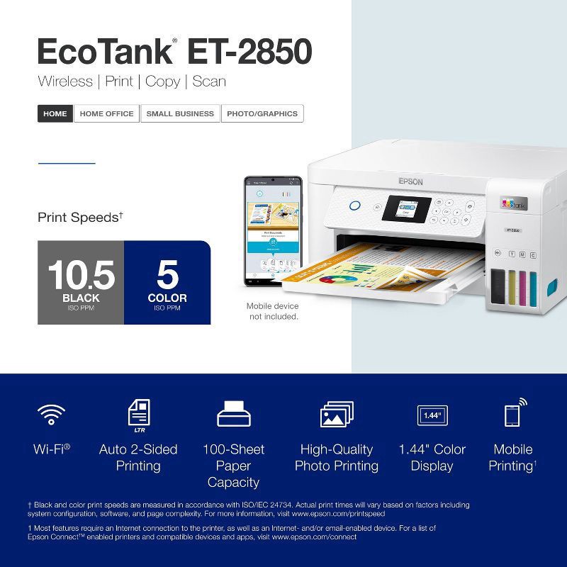 slide 7 of 7, Epson Ecotank Et-2850 Cartridge-Free Supertank Wireless Color Inkjet All-In-One Printer, 1 ct
