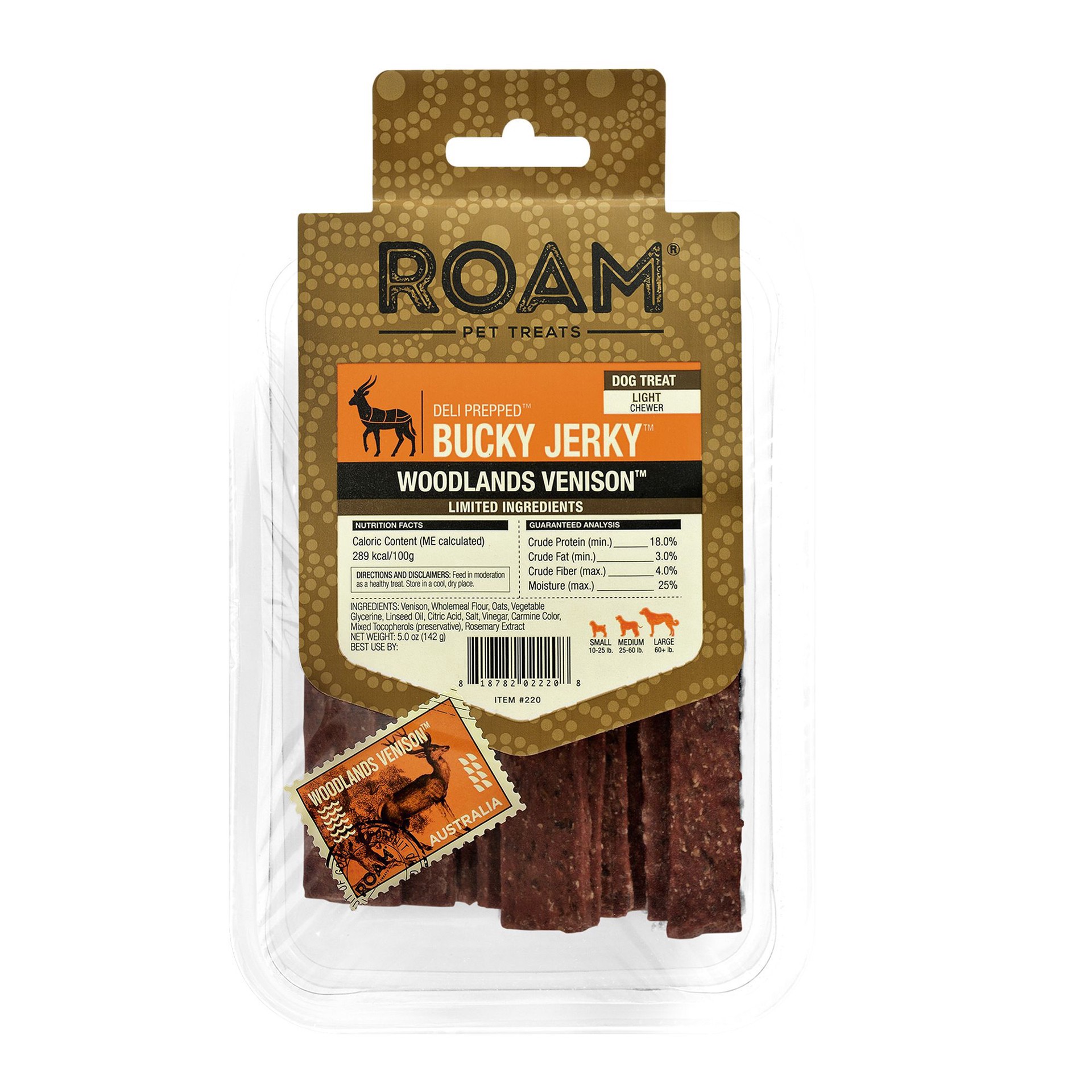 slide 1 of 1, ROAM Bucky Jerky Adult & Senior Dog Treat Chew - Venison, 5 oz