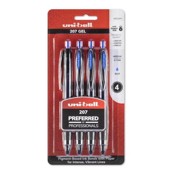slide 1 of 7, uni-ball Signo Gel 207 Retractable Gel Pens, Medium Point, 0.7 Mm, Clear Barrel, Blue Ink, Pack Of 4, 4 ct