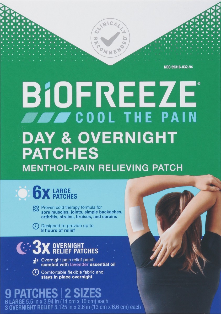 slide 6 of 14, Biofreeze Day & Overnight Menthol-Pain Relieving Patch 9 ea, 9 ct