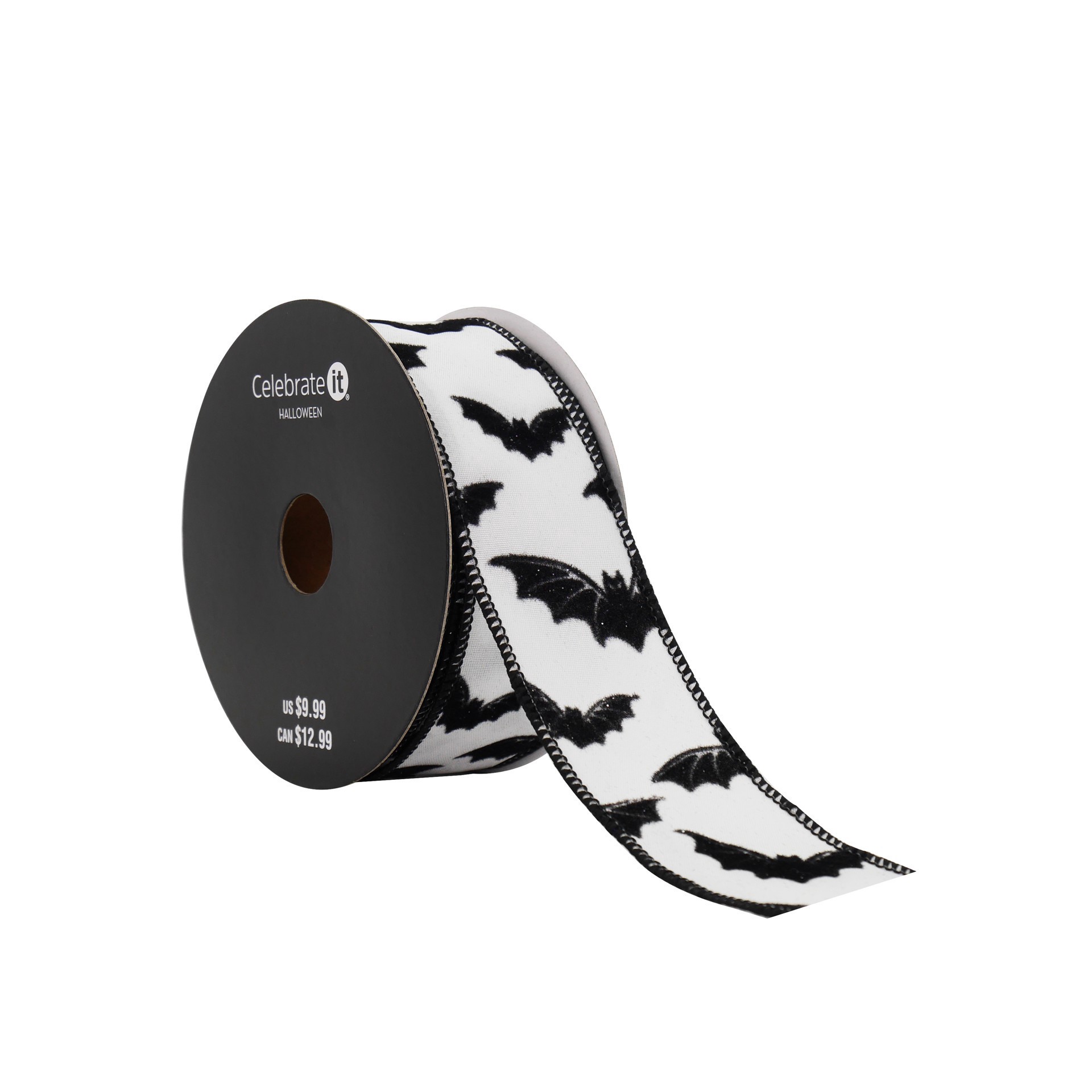 slide 2 of 3, 1.5" X 10yd. Black & White Bats Wired Taffeta Ribbon By Celebrate It Halloween, 1.5 in x 10 yd