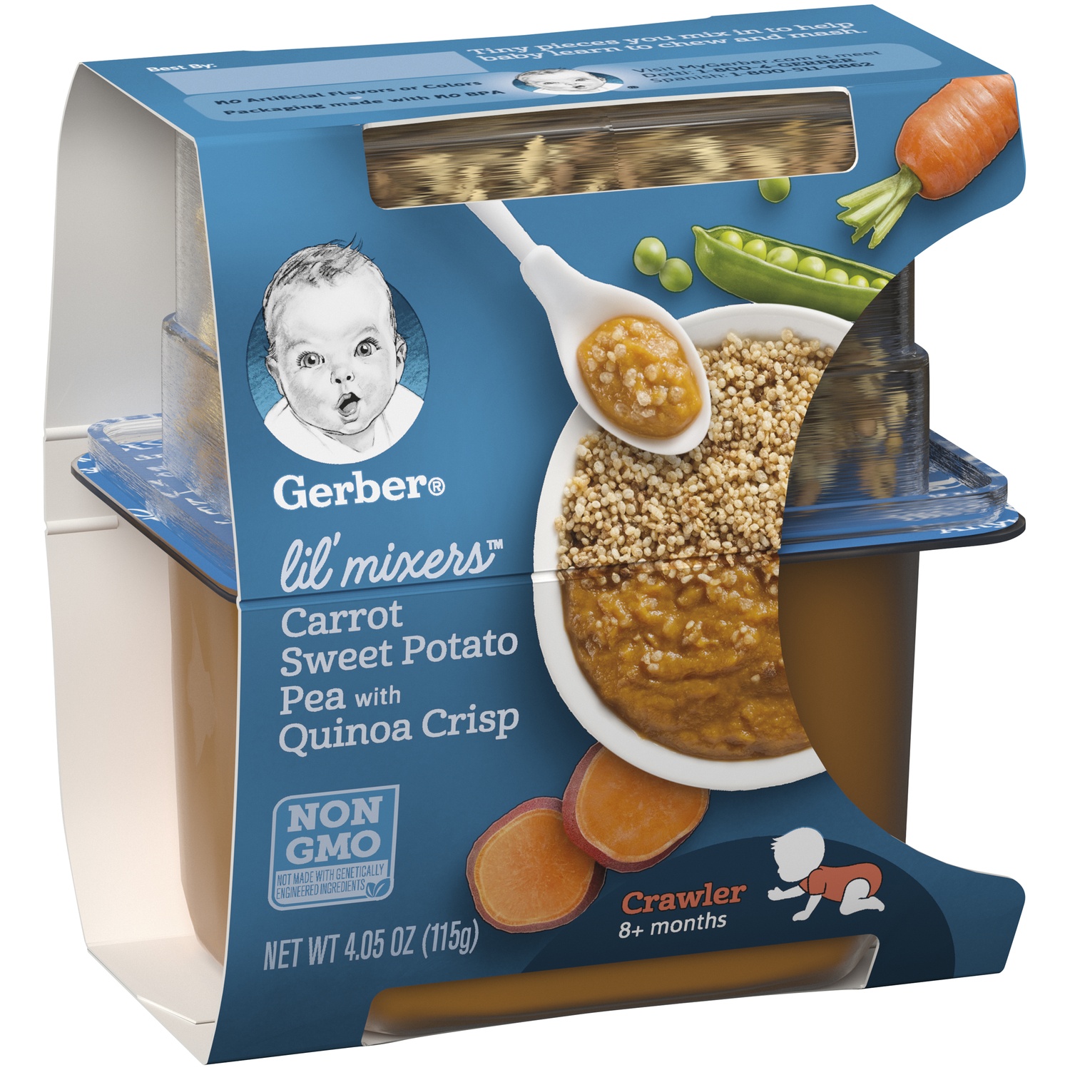 slide 3 of 9, Gerber Lil' Mixers, Carrot Sweet Potato Peas with Quinoa Crisps, 4.05 oz