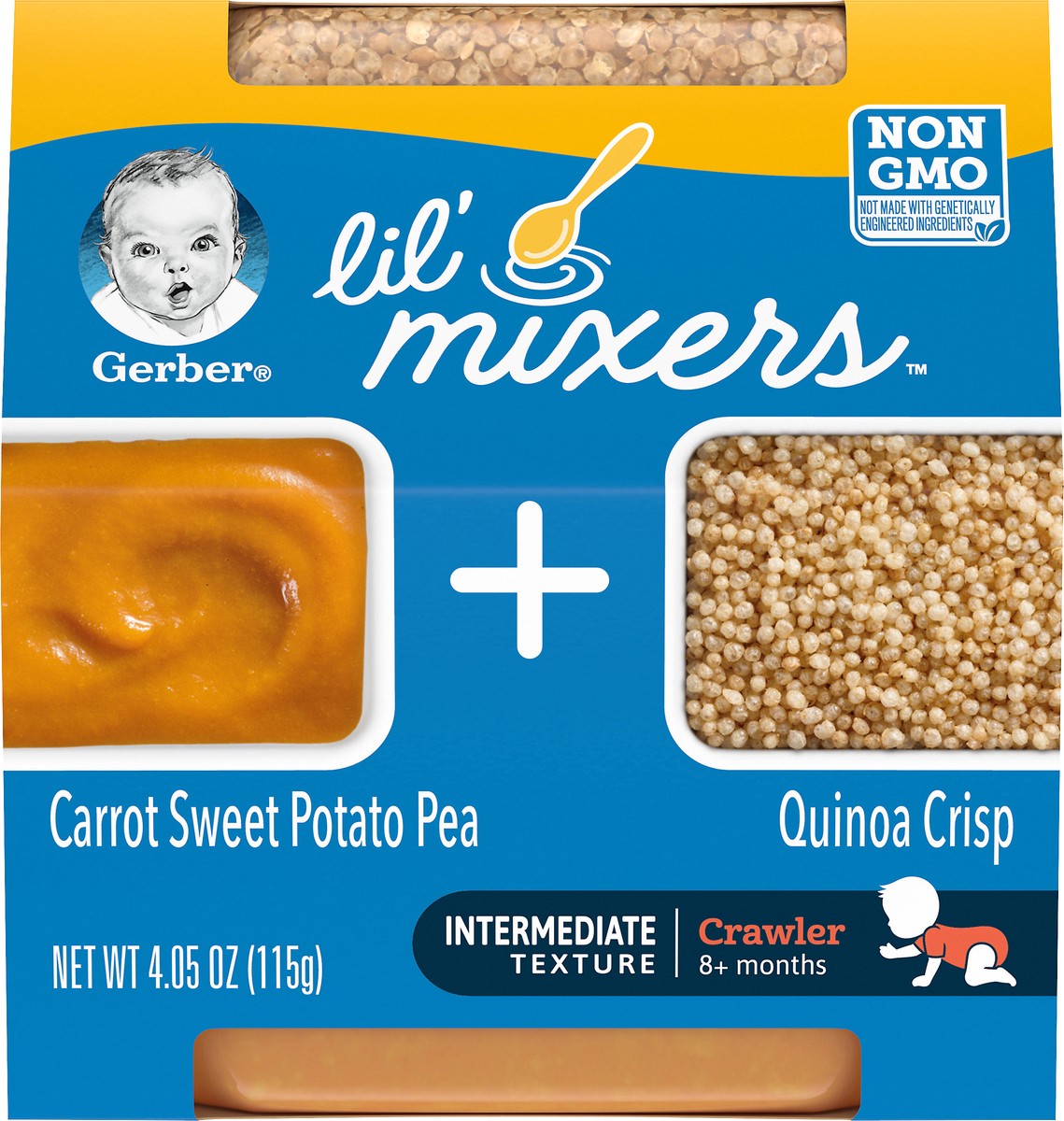 slide 8 of 9, Gerber Lil' Mixers, Carrot Sweet Potato Peas with Quinoa Crisps, 4.05 oz Container  , 4.05 oz