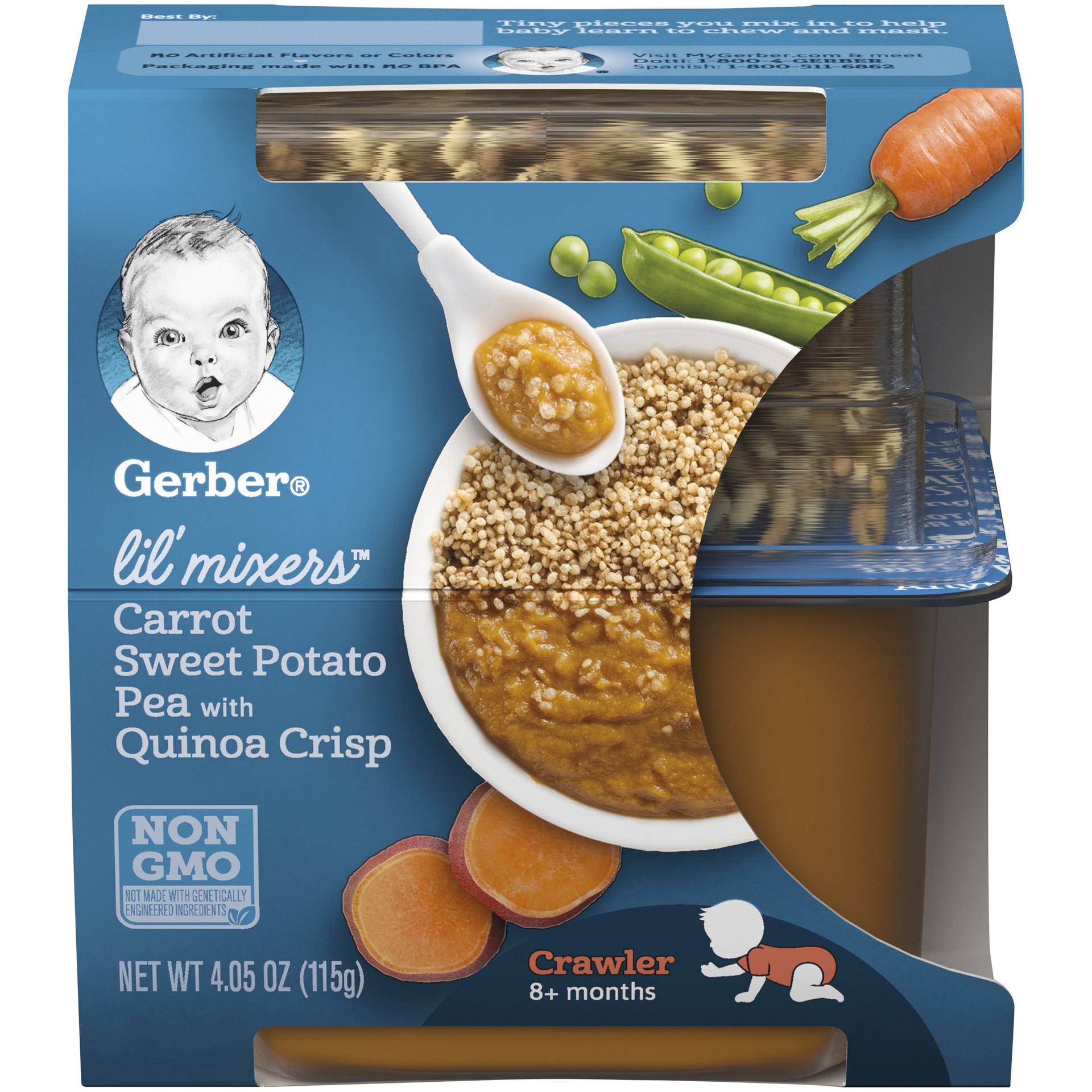 slide 1 of 9, Gerber Lil' Mixers, Carrot Sweet Potato Peas with Quinoa Crisps, 4.05 oz Container  , 4.05 oz