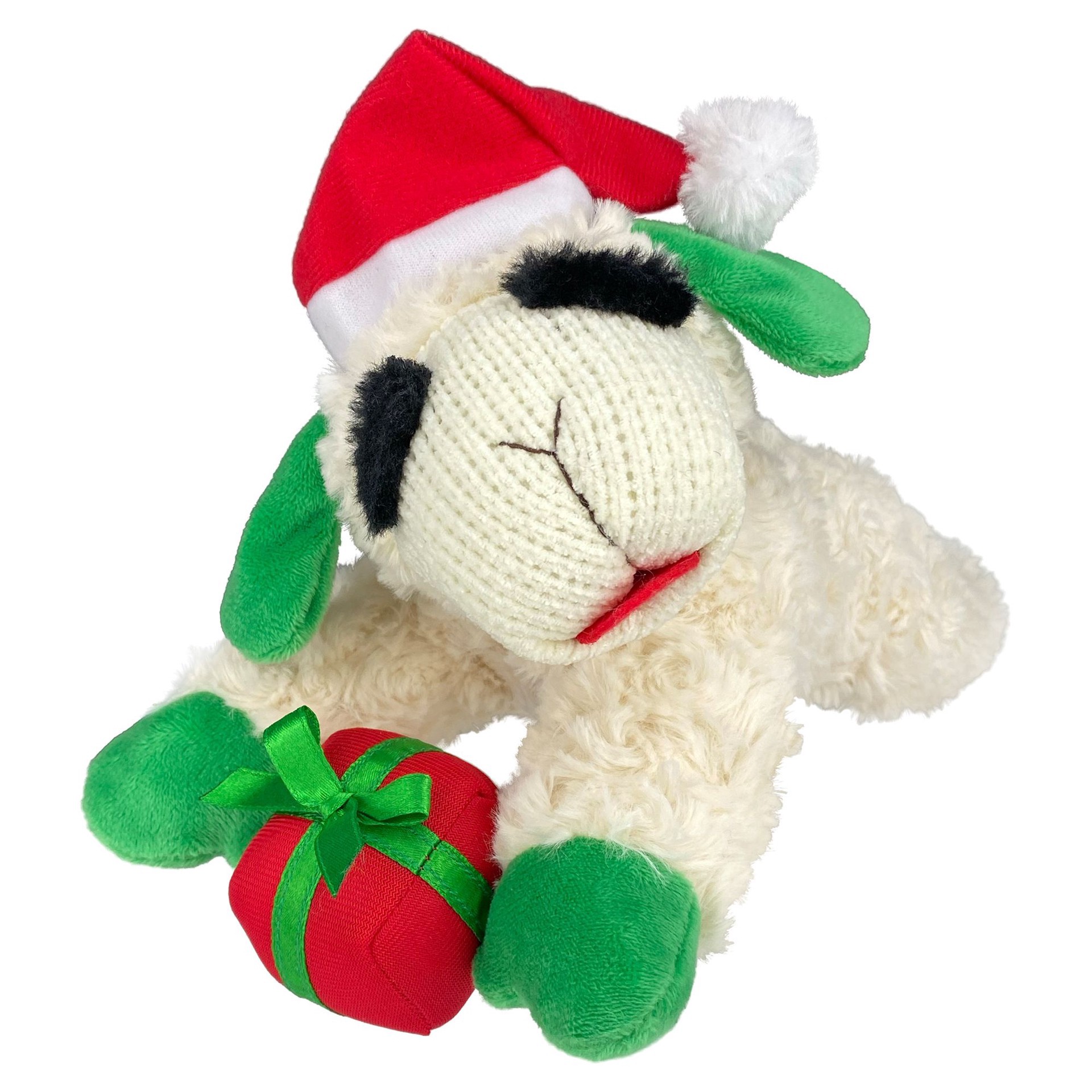 slide 1 of 1, Multipet Holiday Santa Hat Lamp Chop Holding Present Dog Toy, 1 ct