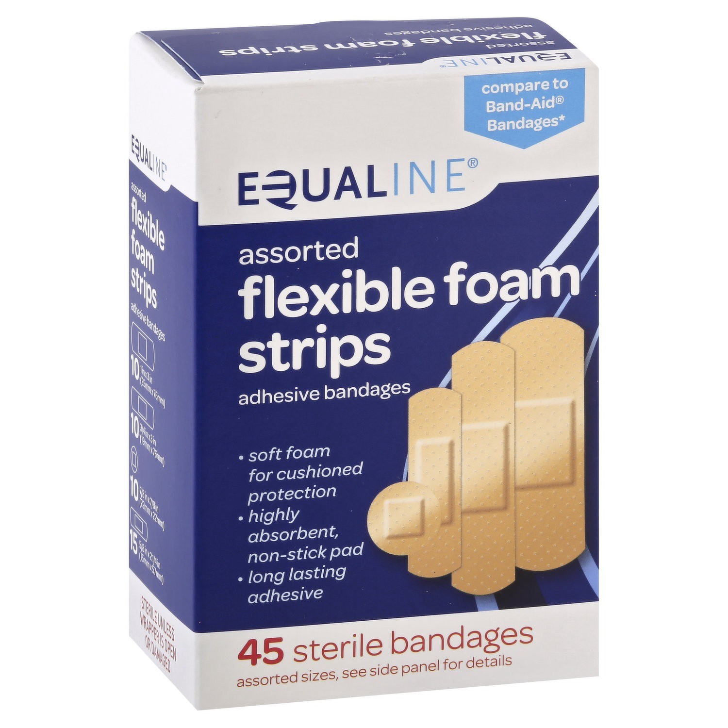 slide 1 of 1, Equaline Assorted Flexible Foam Strips Adhesive Bandages, 45 ct