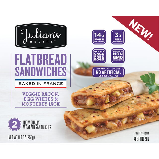 slide 1 of 1, Julian's Recipe Flatbread Sandwiches Veggie Bacon Egg Whites & Monterey Jack, 8.8 oz