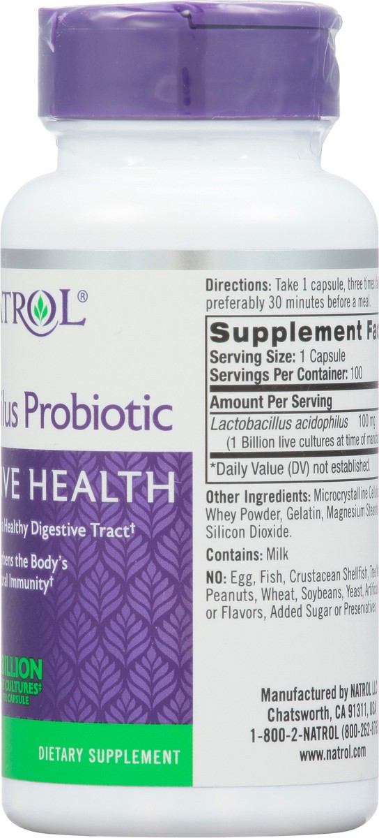 slide 7 of 14, Natrol, Acidophilus Probiotic Capsules, Digestive Health Dietary Supplement, Gluten Free, 100 mg, 100 Count, 100 ct