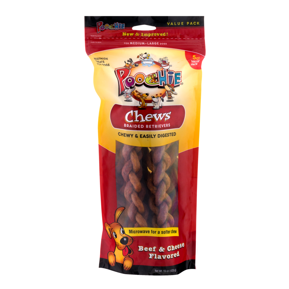 slide 1 of 1, Poochie Beef and Cheese Flavored Braided Chews, 5 ct