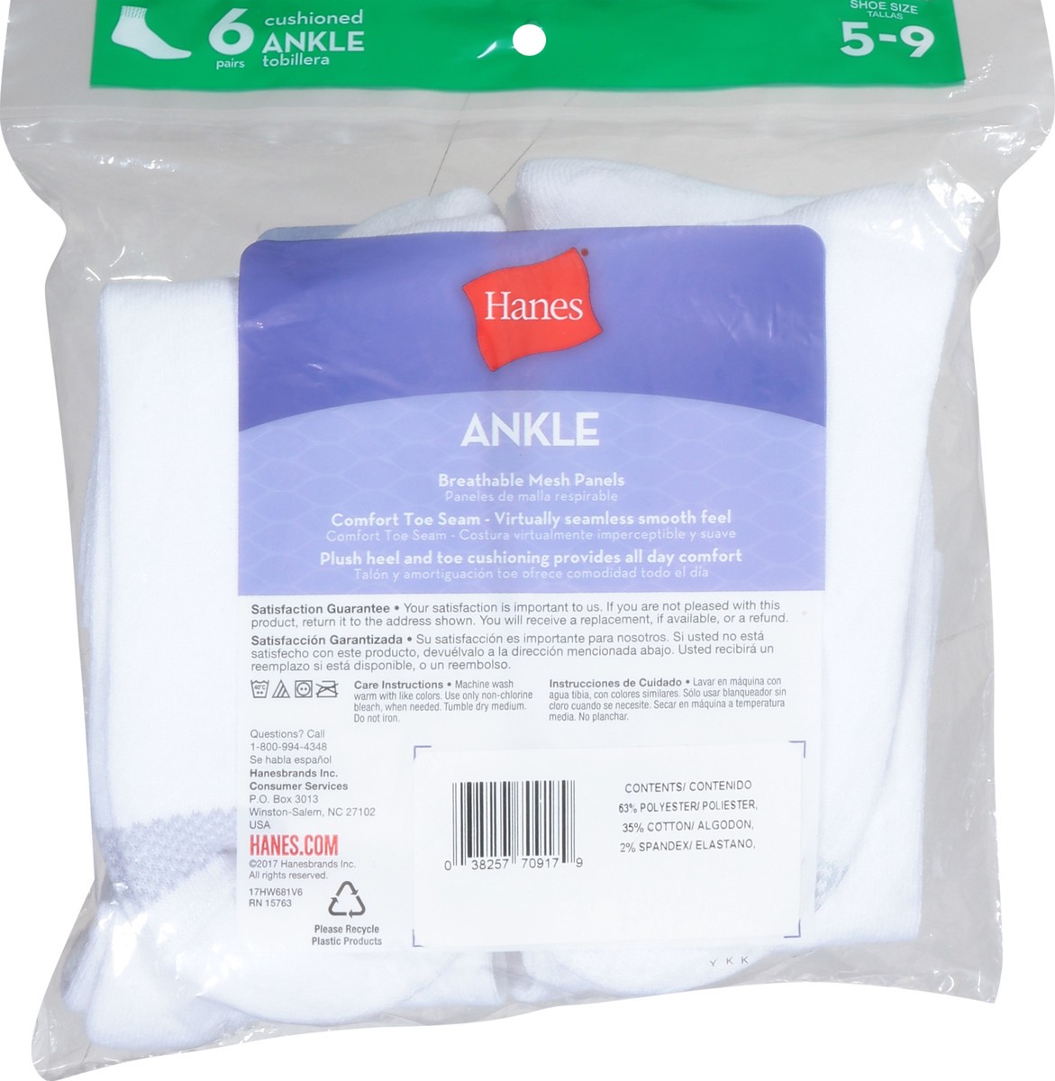 slide 5 of 9, Hanes Shoe Size 5-9 Cushioned Ankle Socks 6 Pairs, 1 ct