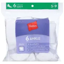 Hanes Shoe Size 5-9 Cushioned Ankle Socks 6 Pairs