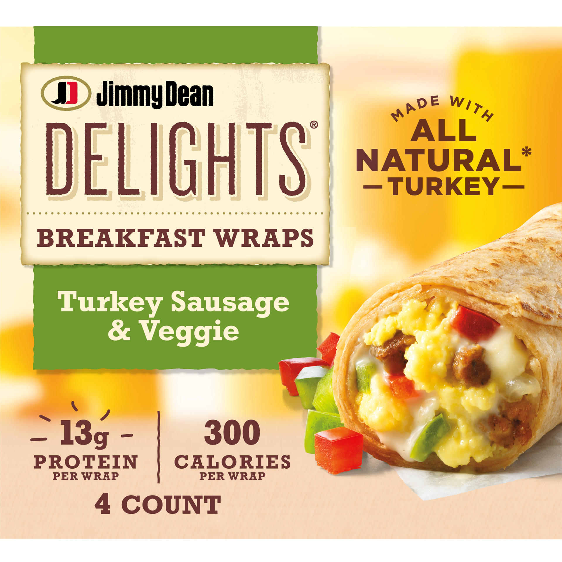 slide 1 of 8, Jimmy Dean Delights Breakfast Wrap, Turkey Sausage & Veggies, Frozen, 4 Count, 4 ct