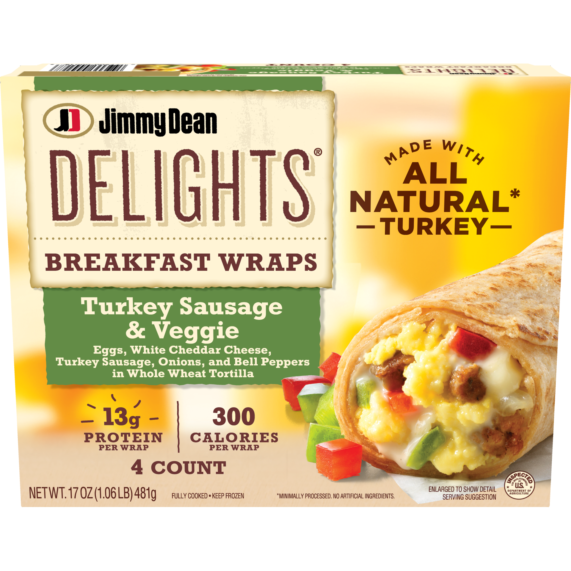 slide 1 of 8, Jimmy Dean Delights Breakfast Wrap, Turkey Sausage & Veggies, Frozen, 4 Count, 4 ct