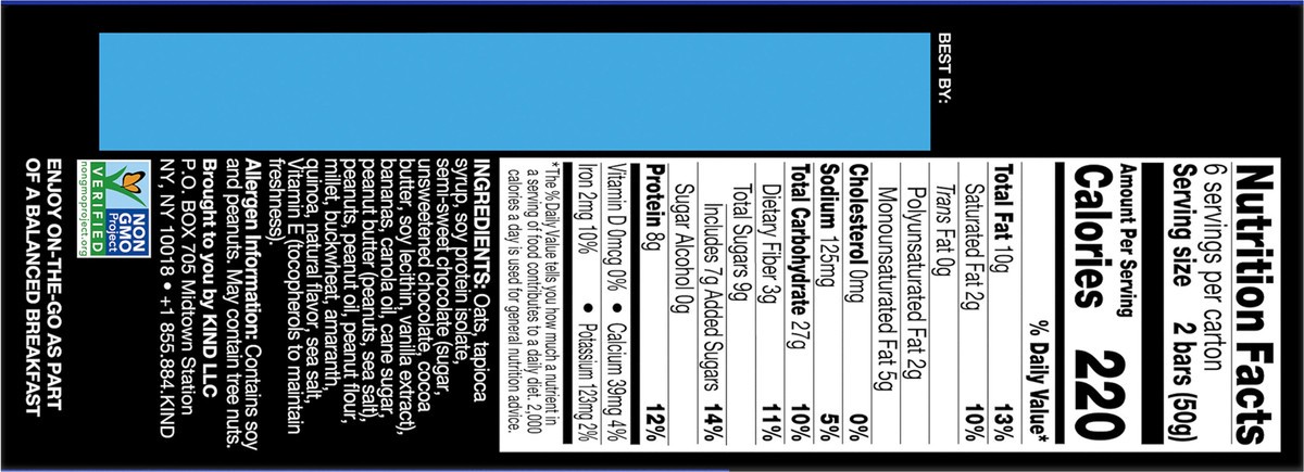 slide 9 of 9, KIND Breakfast Peanut Butter Banana Dark Chocolate Gluten Free Protein Snack Bars, 1.76 oz, 12 Count, 10.6 oz