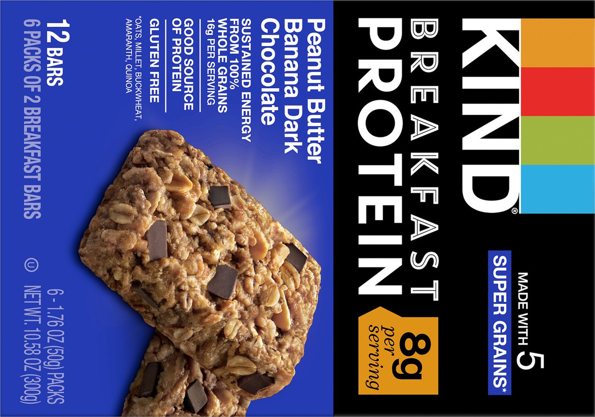 slide 2 of 9, KIND Breakfast Peanut Butter Banana Dark Chocolate Gluten Free Protein Snack Bars, 1.76 oz, 12 Count, 10.6 oz