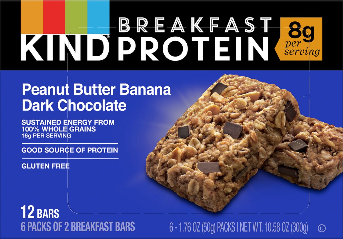 slide 5 of 9, KIND Breakfast Peanut Butter Banana Dark Chocolate Gluten Free Protein Snack Bars, 1.76 oz, 12 Count, 10.6 oz