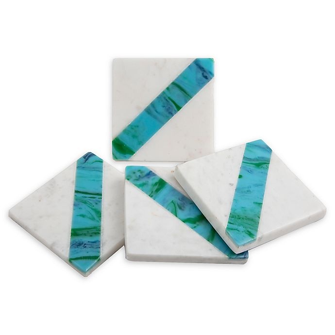 slide 1 of 2, Thirstystone Diagonal Stripe Marble Coasters - White/Teal, 4 ct