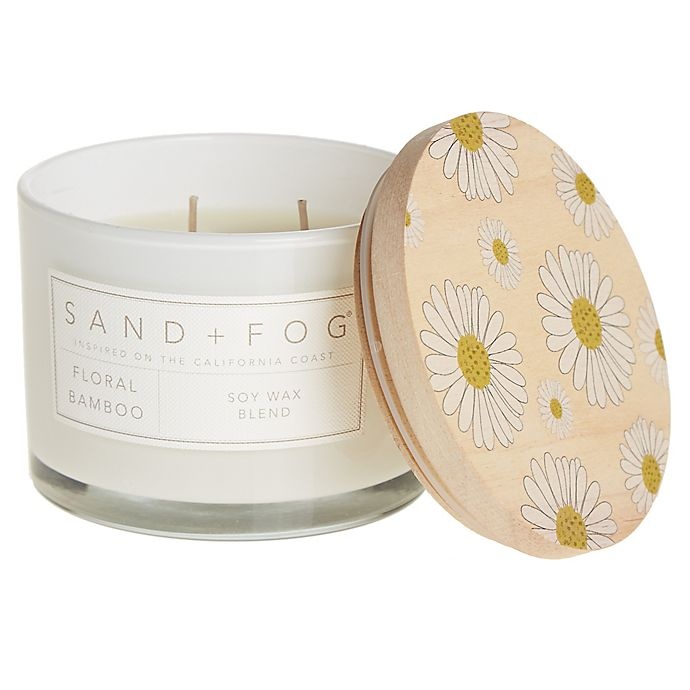 slide 1 of 1, Sand + Fog Floral Bamboo Jar Candle with Painted Daisy Wood Lid - White, 12 oz