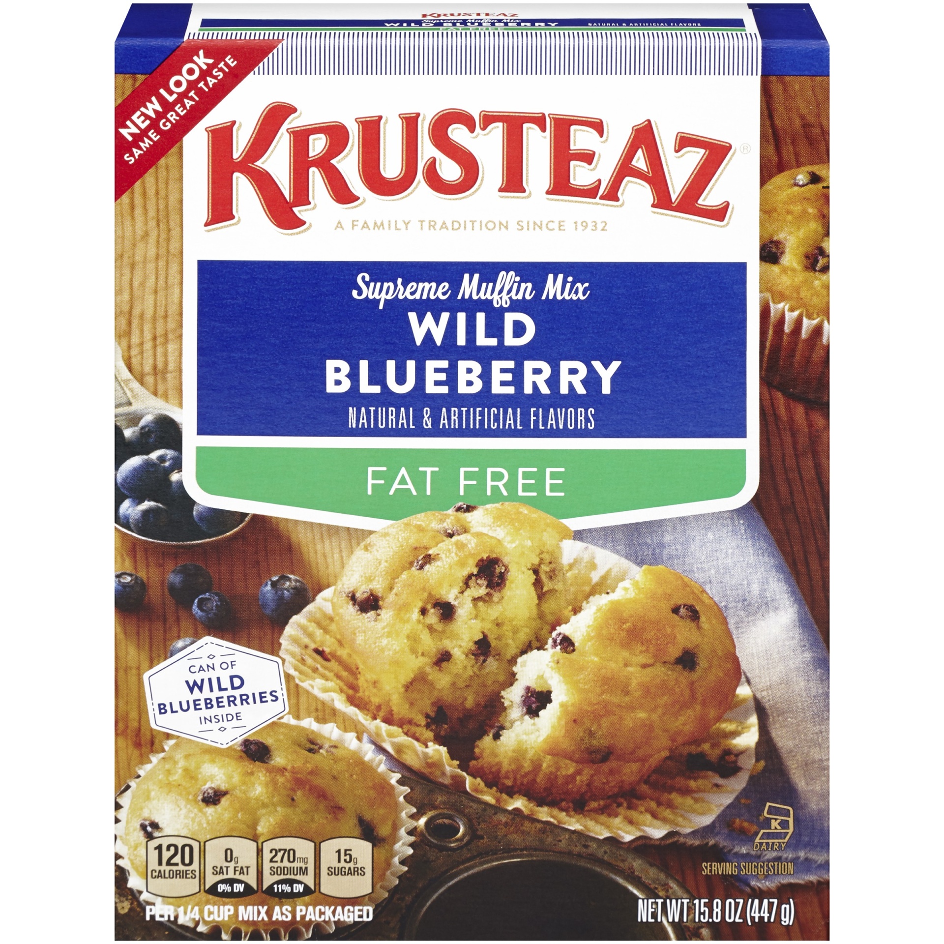 slide 1 of 1, Krusteaz Fat Free Wild Blueberry Supreme Muffin Mix, 17.5 oz