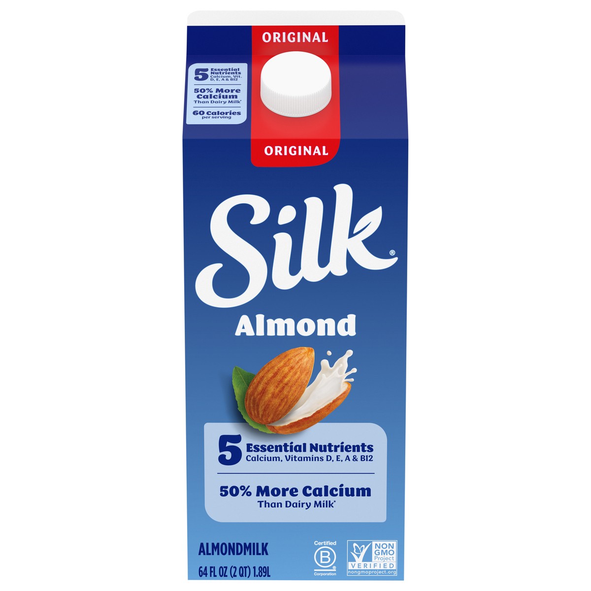 slide 1 of 49, Silk Almond Milk, Original, Dairy Free, Gluten Free, Seriously Creamy Vegan Milk with 50% More Calcium than Dairy Milk, 64 FL OZ Half Gallon, 64 fl oz