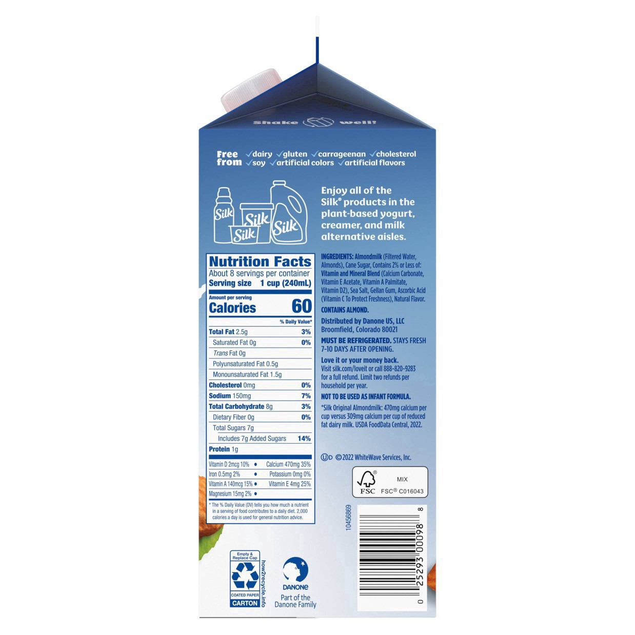 slide 36 of 49, Silk Almond Milk, Original, Dairy Free, Gluten Free, Seriously Creamy Vegan Milk with 50% More Calcium than Dairy Milk, 64 FL OZ Half Gallon, 64 fl oz