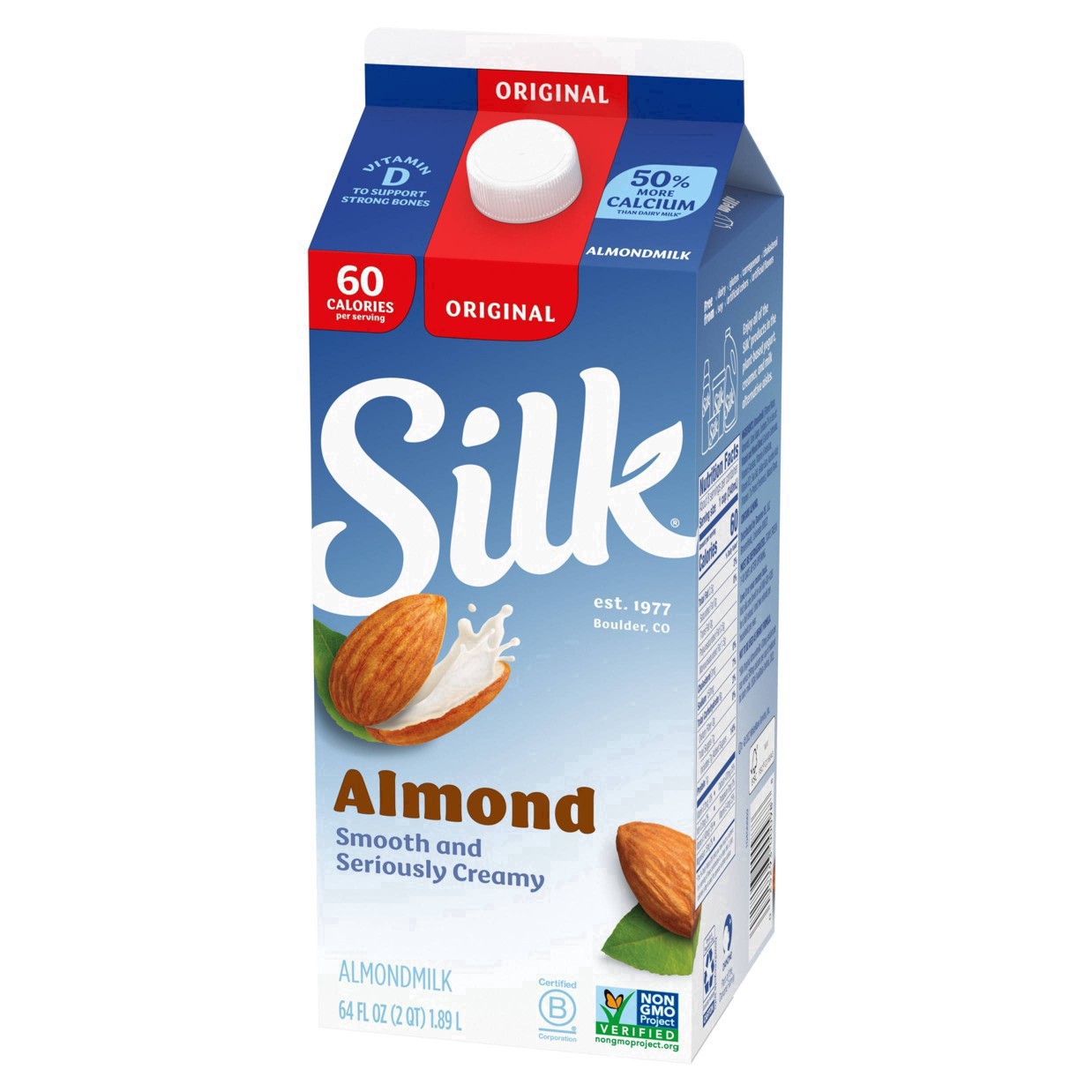 slide 37 of 49, Silk Almond Milk, Original, Dairy Free, Gluten Free, Seriously Creamy Vegan Milk with 50% More Calcium than Dairy Milk, 64 FL OZ Half Gallon, 64 fl oz