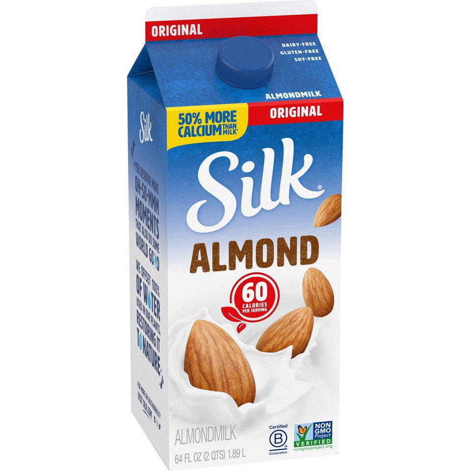 slide 23 of 49, Silk Almond Milk, Original, Dairy Free, Gluten Free, Seriously Creamy Vegan Milk with 50% More Calcium than Dairy Milk, 64 FL OZ Half Gallon, 64 fl oz